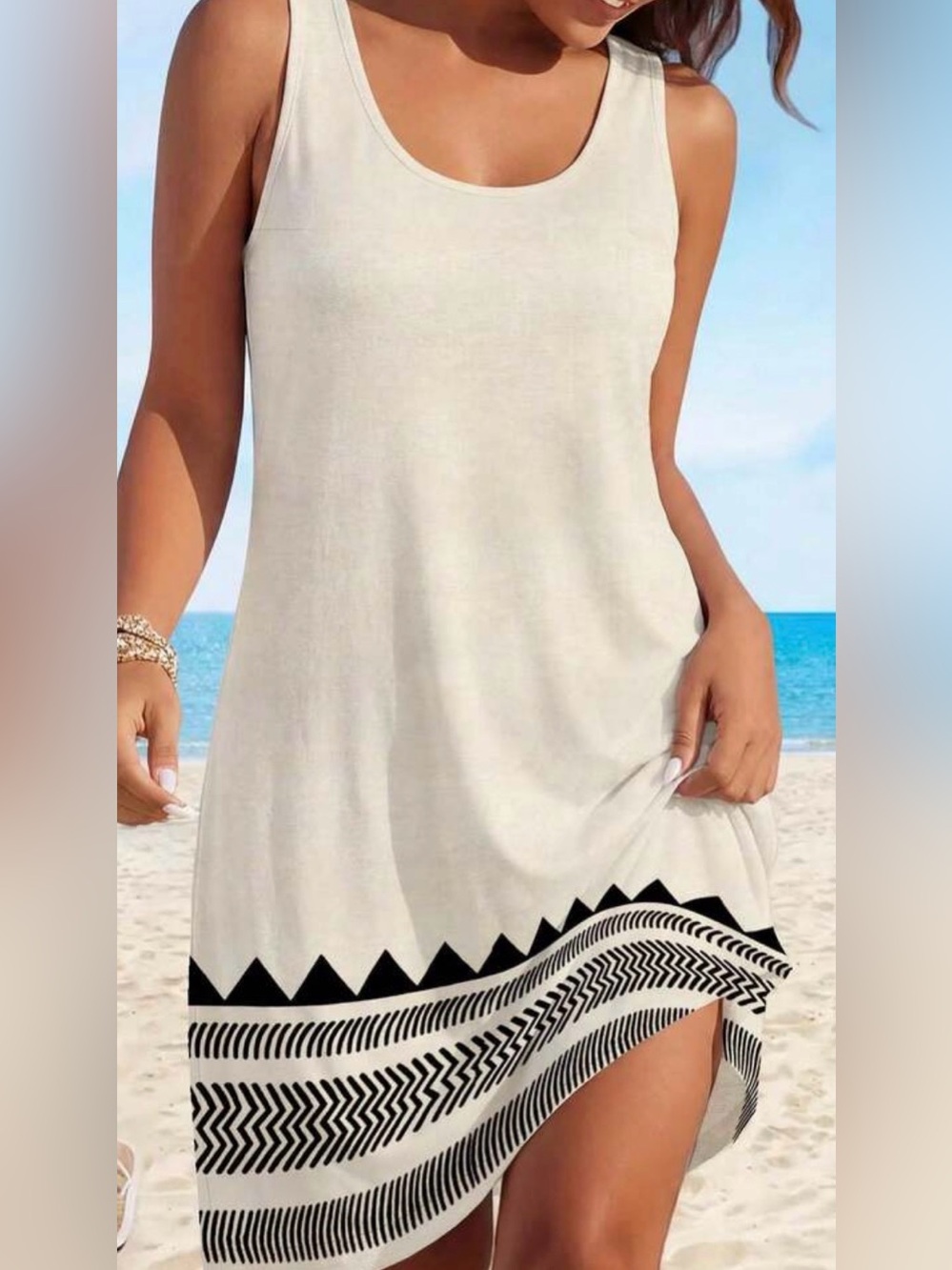 Sleeveless Cream Tribal Hem Shift Dress - Picture 2 of 11